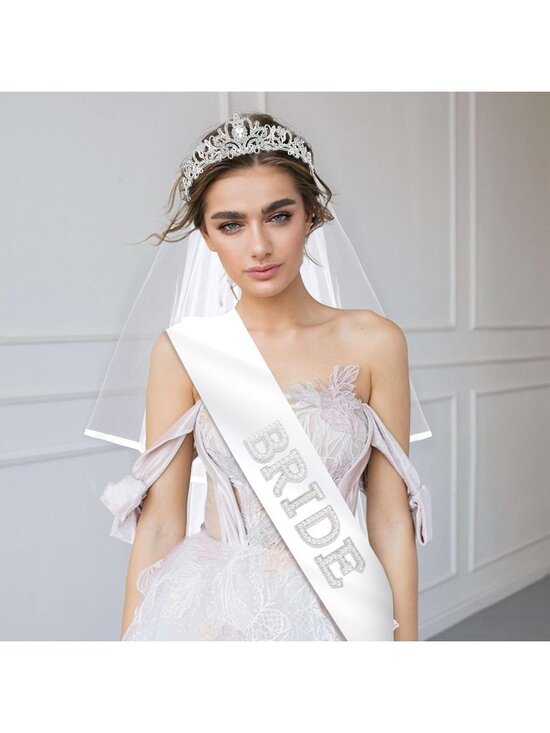 Women\'s White Satin Bride To Be Sash Crown Elegant Gorgeous Pearl Scarves main image 4